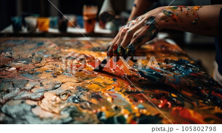 Close up of a woman's hands mixing oil paints in her studio. AI Generative. 105802798