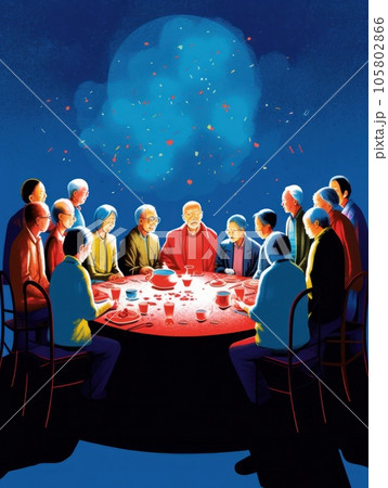 Kids birthday party. Child blowing candles on cake and opening presents. Pastel rainbow theme celebration. Family celebrating at home. Boy opening gifts, eating cakes. AI Generative. 105802866