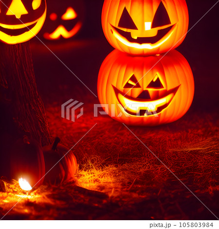 Halloween Pumpkin background with spooky pumpkin jack o lantern in a dark moody forest 105803984