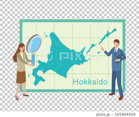 北海道の地図を見て話すビジネスマン 105804920