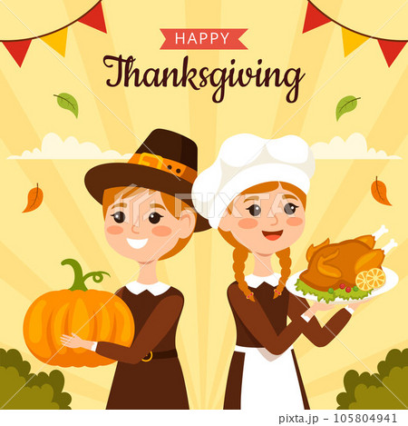 Happy Thanksgiving Social Media Illustration Flat Cartoon Hand Drawn Templates Background Happy Thanksgiving Social Media Illustration Flat Cartoon Hand Drawn Templates Background 105804941