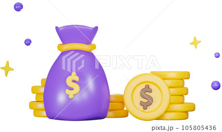 3d purple money bag with dollar icon. The pile Stock