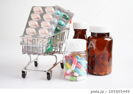 Drug capsule pill from drug prescription in drugstore, pharmacy for treatment health medicine. 105805449