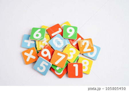 Number wood block cubes for learning Mathematic, education math concept. 105805450