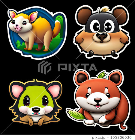 Cute animal sticker fox dog mouse bear with outlined isolated to print. Generative AI. 105806030
