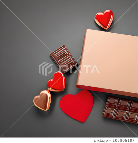 Red love shape valentine days. Happy valentine days. Design material mockup. Express love. Love flower decoration. Black white sweet chocolate cake hearth. 3D render love hearth. Love concept. 105806187
