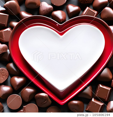 Red love shape valentine days. Happy valentine days. Design material mockup. Express love. Love flower decoration. Black white sweet chocolate cake hearth. 3D render love hearth. Love concept. 105806194