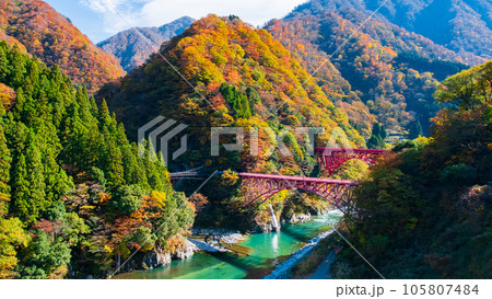 秋の黒部峡谷（黒部川と山彦橋・新山彦橋） 105807484