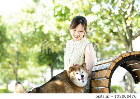 公園のベンチで休憩する若い女性と柴犬 105808476
