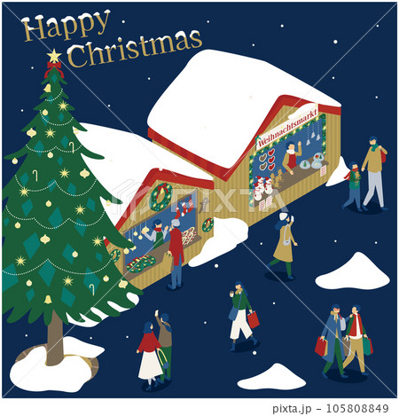クリスマスマーケットを楽しむファミリーやカップルのアイソメイラスト 105808849