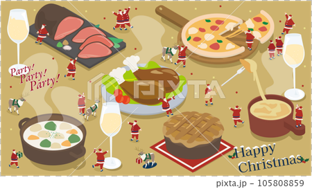 Isometric illustration of Santa Claus and reindeer enjoying Christmas gourmet 105808859