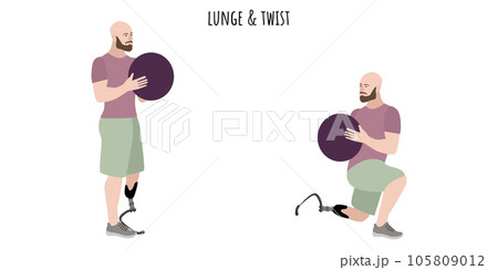Man with a prosthetic leg doing lunge and twist 105809012