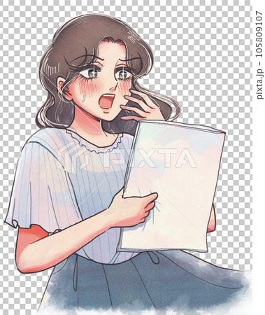 Cartoon style illustration of a girl in her twenties who is surprised to see documents 105809107