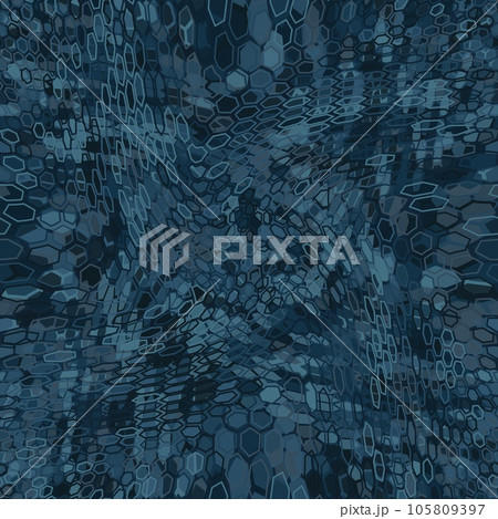 Blue denim halftones hexagon snake skin. Seamless geometric vector texture 105809397