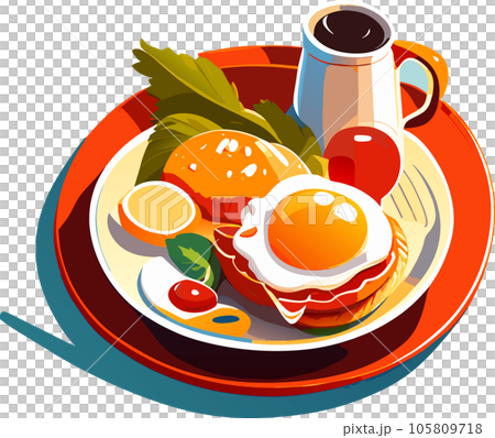 Toast with fried eggs and vegetables on a plate and coffee mugs on the breakfast table. AI-generative Toast with fried eggs and vegetables on a plate and coffee mugs on the breakfast table. AI-generative 105809718
