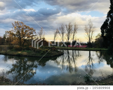 水面に映る夕焼け 105809908