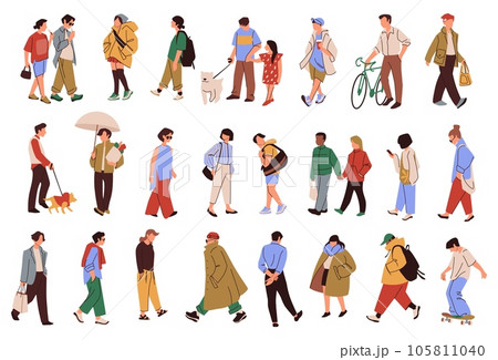 City people. Women and men summer walking. Urban crowd. Street girl and guy with dog. Couples stroll. Teenager on bicycle. Fashionable coats and backpacks. Isolated persons vector set 105811040