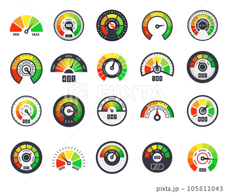 Speedometer gauge meter. Credit score. Min or max scale. Rate level indicator with arrow. Customer satisfaction low or high. Speed measurement. Dashboard element. Vector flat icons set 105811043