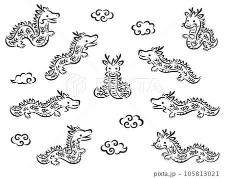 筆調の龍のキャラクターと雲の線画イラストセット 105813021