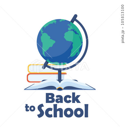 School globe and books. Back to school concept. Classroom earth model on stand. Sphere map of continent and ocean. Geography learning tool. Vector illustration. 105813100