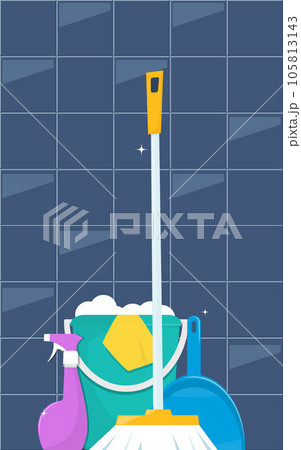 Tools for cleaning and housework. Floor sweeping brush, dustpan, bucket of water and soap suds. Cute flat style vector illustration. 105813143