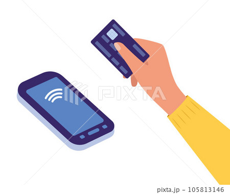 POS Terminal with hand and credit card. Contactless payment, communication technology. Near-field communication protocol. Wifi Mobile Pay. Wireless bank, mobile, NFC. Vector Illustration. 105813146