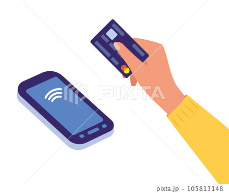 POS Terminal with hand and credit card. Contactless payment, communication technology. Near-field communication protocol. Wifi Mobile Pay. Wireless bank, mobile, NFC. Vector Illustration. 105813148