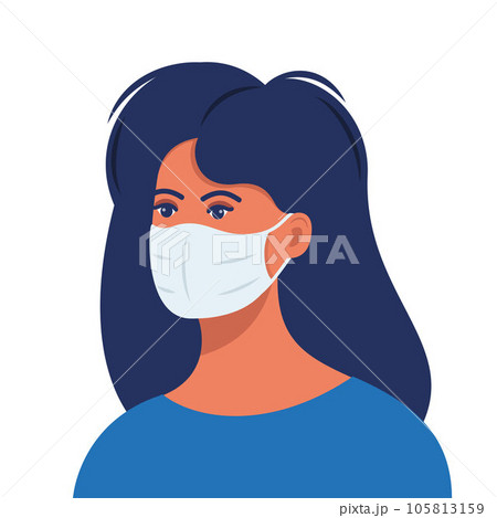 Woman with protective medical mask on face for prevent virus. Girl in surgical mask. Covid prevention. Vector illustration in flat style. 105813159