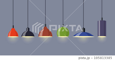 Hanging lamps, set. Chandeliers, lamps, bulbs - elements of modern interior. Vector illustration, isolated. 105813385