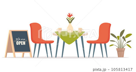 Summer outdoor cafe with table and seats, street chalk board. Restaurant scene in flat design. Romantic dinner table for two. Vector illustration. 105813417