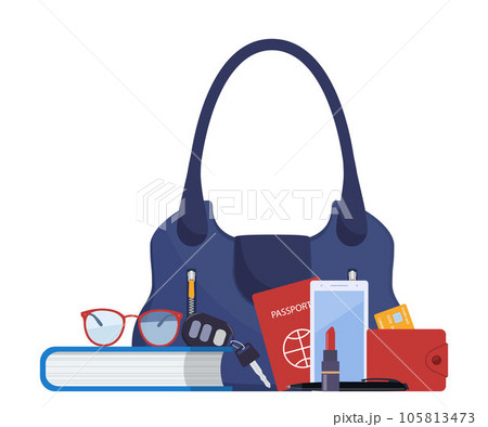 Woman handbag and contents. Diary, glasses, wallet, bank card, pen, smartphone, passport, car keys, lipstick. Vector illustration. Woman handbag and contents. Diary, glasses, wallet, bank card, pen, smartphone, passport, car keys, lipstick. Vector illustration. 105813473