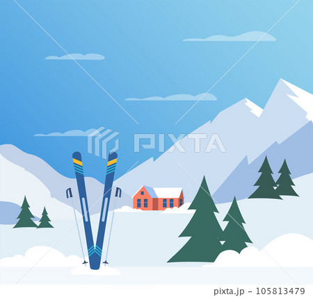 Ski resort. Winter mountain landscape with lodge, ski lift. Winter sports vacation banner. Vector illustration. Ski resort. Winter mountain landscape with lodge, ski lift. Winter sports vacation banner. Vector illustration. 105813479