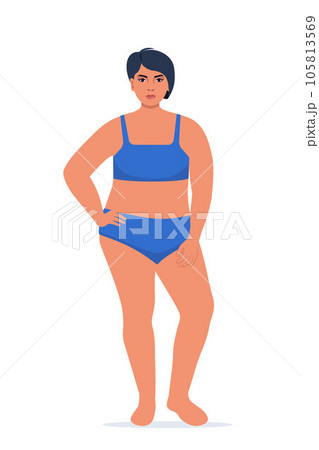 Body positive woman in underwear. Plus size female character. Attractive curvy, overweight girl. Oversize obesity, pretty large lady in beautiful fashionable clothes. Vector illustration. Body positive woman in underwear. Plus size female character. Attractive curvy, overweight girl. Oversize obesity, pretty large lady in beautiful fashionable clothes. Vector illustration. 105813569