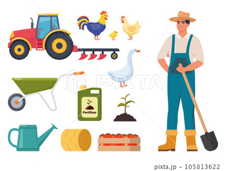 Farmer character and different farm elements. Man farmer, barn, tractor, chicken, rooster, goose, fertilizer, haystack, cart, watering can. Set of elements on farm theme. Vector illustration. 105813622