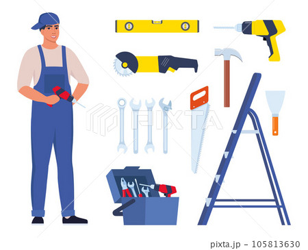 Repairman or mechanic and collection of tools. Man character in uniform with set of professional instruments. Vector illustration. 105813630
