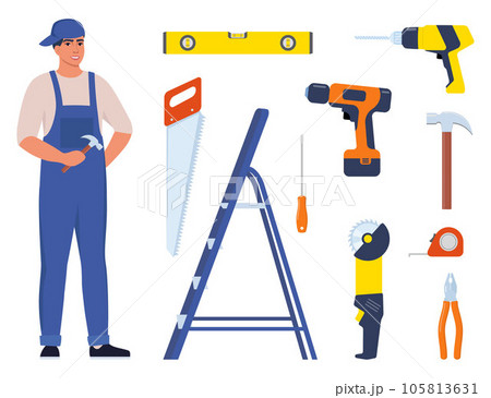 Repairman or mechanic and collection of tools. Man character in uniform with set of professional instruments. Vector illustration. Repairman or mechanic and collection of tools. Man character in uniform with set of professional instruments. Vector illustration. 105813631
