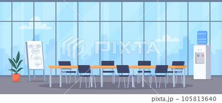 Empty conference room with big window and cityscape behind it. Meeting room for team brainstorming. Vector illustration. 105813640