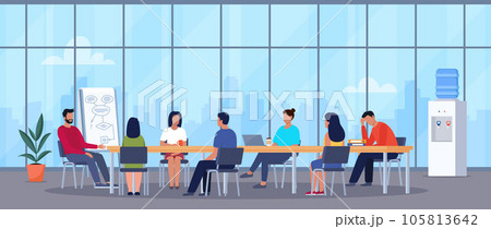 Teamwork brainstorming concept. Colleagues in the meeting room generate ideas for project. People meeting at desk in office. Vector illustration. 105813642