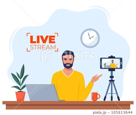 Blogger communicates in live stream with followers. Man records video content on camera. Influencer creating video for a blog. Video blogging concept for web banner design. Vector illustration. 105813644