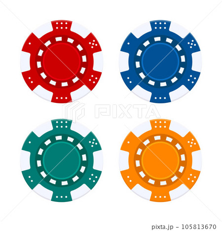 Realistic casino chips, set. Realistic red, blue, green, yellow casino poker game chips, gambling plastic coins. Jackpot chip tokens for roulette. Vegas pokerchips flip. Vector illustration. 105813670