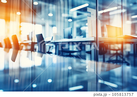 Blurred Office interior room background with modern design in working hours, indoor building of workplace of workspace, panoramic view through glass windows, with Generative Ai. 105813757