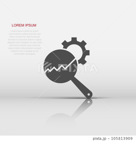 Loupe with gear icon in flat style. Magnifying glass vector illustration on white isolated background. Seo exploration business concept. 105813909