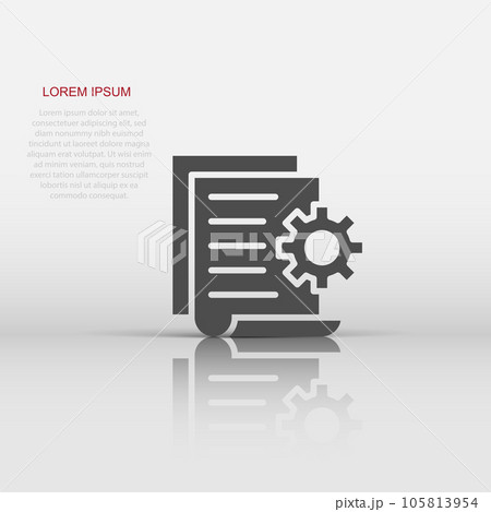 Document with gear icon in flat style. Big data processing vector illustration on white isolated background. Paper sheet software solution business concept. 105813954