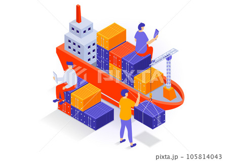 Transportation and logistics concept in 3d isometric design. People work in delivery company with commercial marine shipping by cargo ship. Vector illustration with isometry scene for web graphic 105814043