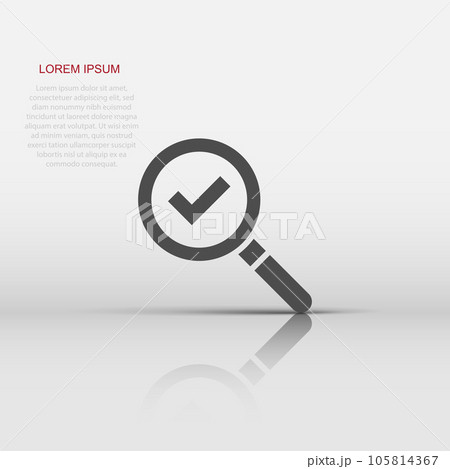 Check mark with magnifying glass icon in flat style. Loupe accept vector illustration on white isolated background. Search checklist business concept. Check mark with magnifying glass icon in flat style. Loupe accept vector illustration on white isolated background. Search checklist business concept. 105814367