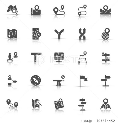 Navigation icon set in flat style. Gps direction vector illustration on white isolated background. Locate pin position business concept. Navigation icon set in flat style. Gps direction vector illustration on white isolated background. Locate pin position business concept. 105814452