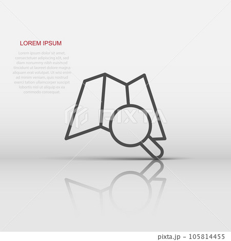 Map with magnifier icon in flat style. Gps navigation vector illustration on white isolated background. Locate position business concept. 105814455