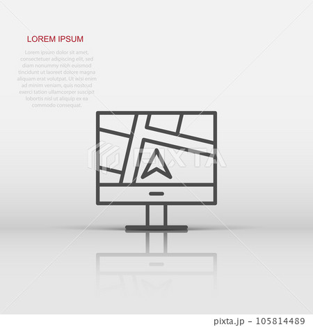Computer navigation icon in flat style. Monitor pin gps vector illustration on white isolated background. City area location business concept. Computer navigation icon in flat style. Monitor pin gps vector illustration on white isolated background. City area location business concept. 105814489