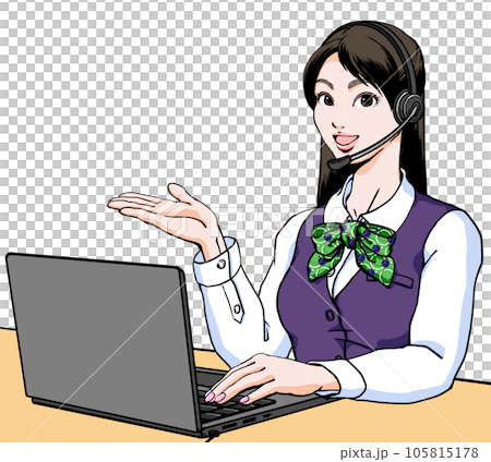 呼叫中心的一位年輕女士戴著耳機微笑著指導您 105815178