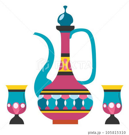 Colored tea pot and cups, Oriental Arabic culture Colored tea pot and cups, Oriental Arabic culture 105815310